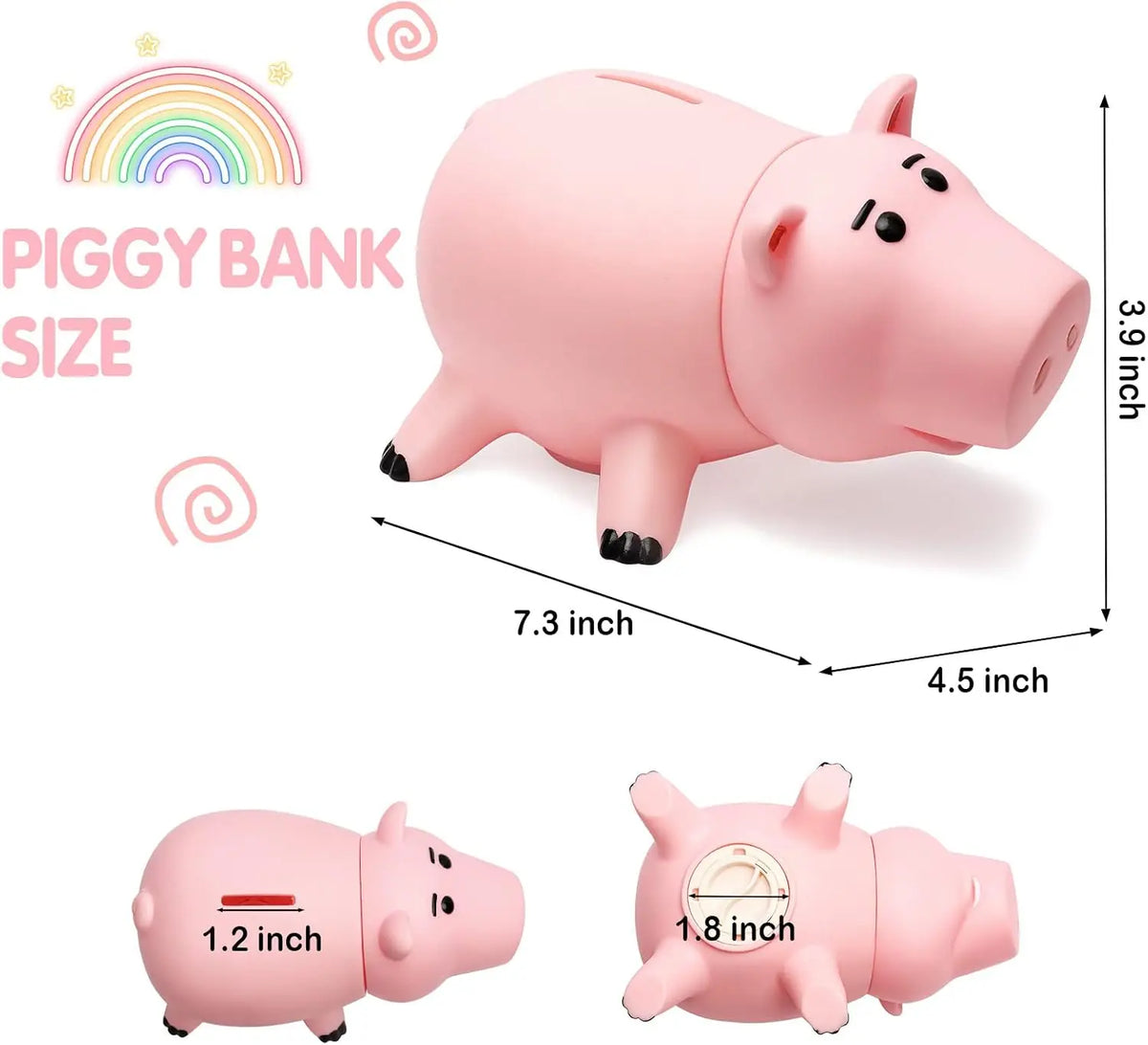 A pink cartoon piggy bank is shown with various size options and dimensions.