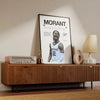 A framed canvas wall art poster featuring a portrait of a basketball player, Morant, with text and statistics.