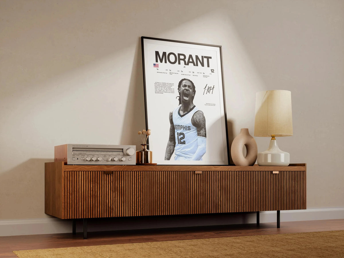 A framed canvas wall art poster featuring a portrait of a basketball player, Morant, with text and statistics.