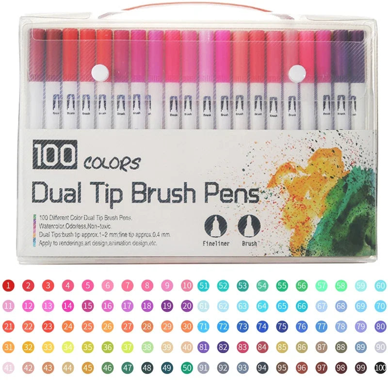 A set of 100 dual-tip brush pens in various colors and shades displayed in a clear plastic case.