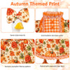 Autumn themed print fall porch goose dress featuring an orange and yellow pattern with a bow tie and lace collar