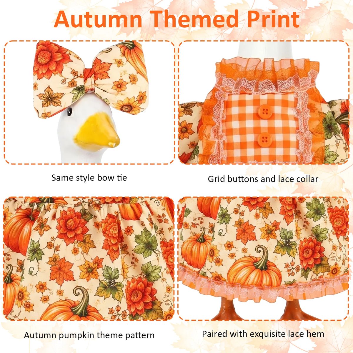 Autumn themed print fall porch goose dress featuring an orange and yellow pattern with a bow tie and lace collar