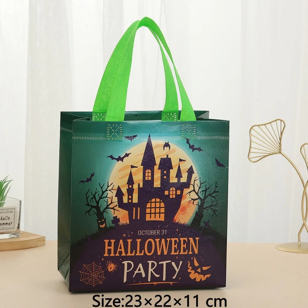 A dark green non-woven tote bag with a Halloween print featuring a castle silhouette and bats, displayed on a light surface.