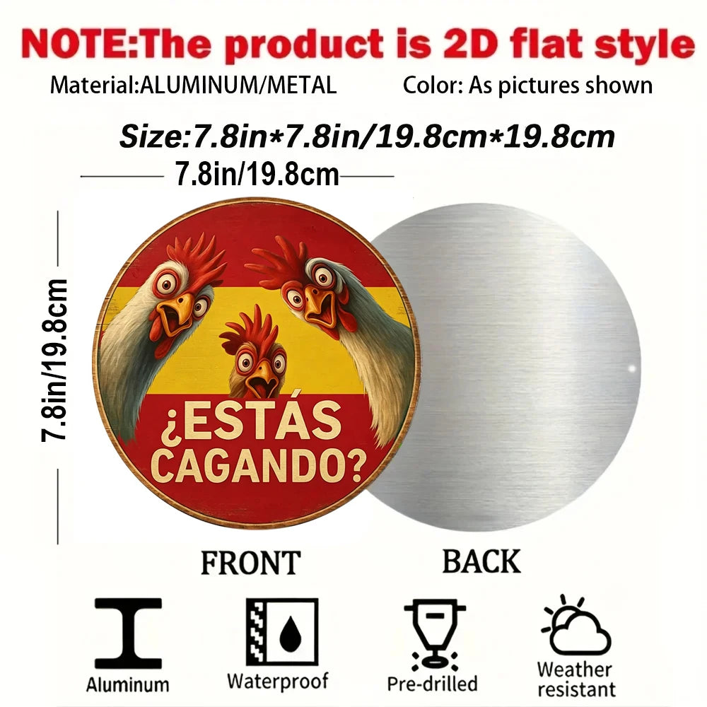 A 2D flat style aluminum rooster sign with a Spanish flag design, showing the front and back views.