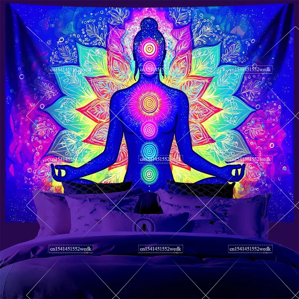 UV reactive chakra lotus tapestry wall hanging featuring a meditating figure with vibrant light patterns