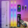 A tall, slender RGB floor lamp with a vertical light bar and a smartphone is shown next to it.