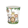 A disposable cup featuring cute jungle safari animal illustrations like a monkey, giraffe, tiger, and elephant.