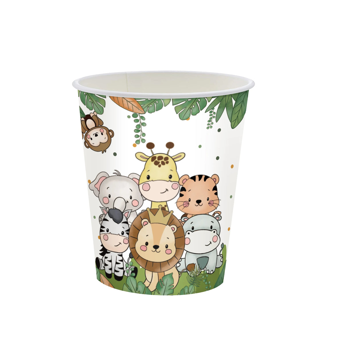 A disposable cup featuring cute jungle safari animal illustrations like a monkey, giraffe, tiger, and elephant.