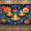 A vibrant Diwali backdrop featuring glowing candles, colorful flowers, and festive patterns against a dark blue background.