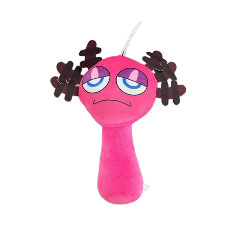 A pink plush toy with purple eyes and black hair accessories.