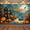 A spooky Halloween backdrop featuring a dark mansion, pumpkins, bats, and a ghostly figure against a night sky.