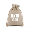 A natural beige burlap drawstring bag with the dimensions 8x10 cm.