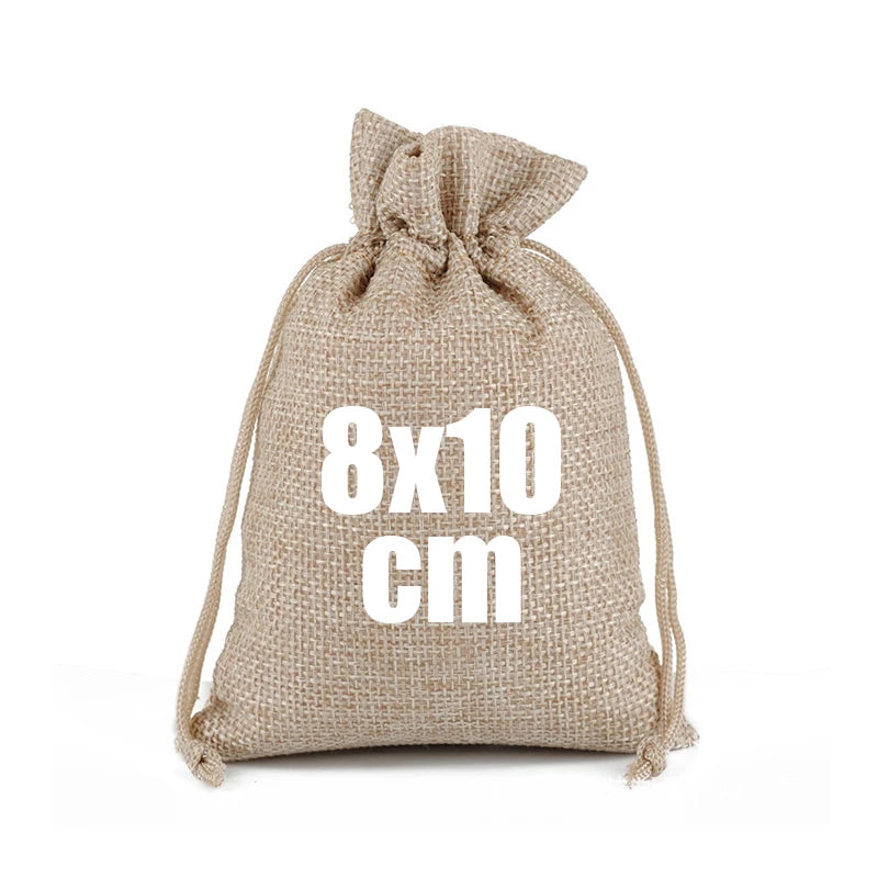 A natural beige burlap drawstring bag with the dimensions 8x10 cm.