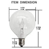 A clear incandescent light bulb with a screw base, showing its dimensions.