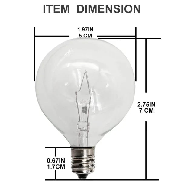A clear incandescent light bulb with a screw base, showing its dimensions.