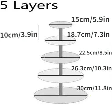 A five-layer clear acrylic cupcake stand with tiered display sizes ranging from 15cm to 30cm.