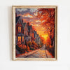 Oil painting of an autumn field landscape showing a row of brick houses and vibrant orange and yellow foliage under a sunset 
