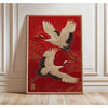 Red canvas wall art featuring a vintage tiger cat design with white and black feathers.
