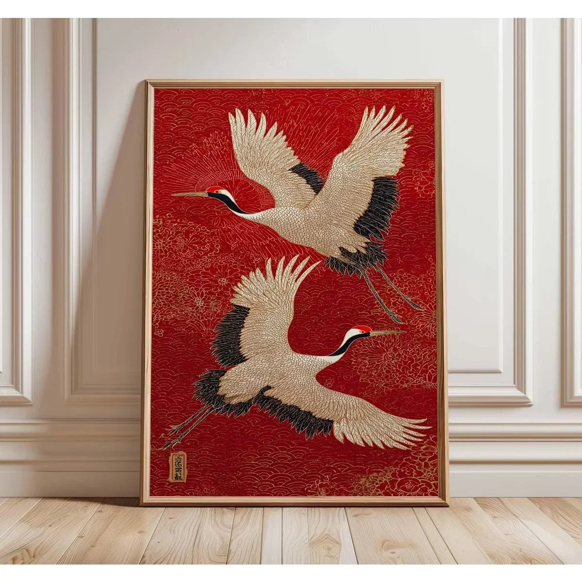 Red canvas wall art featuring a vintage tiger cat design with white and black feathers.