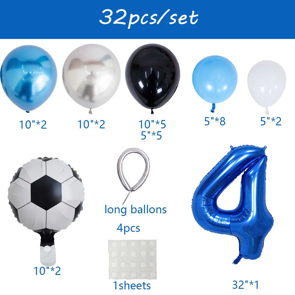 A set of 32 balloons including various colors and sizes, plus a black football balloon and blue foil number 4.