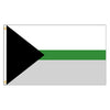 A flag design featuring a black triangle on the hoist side, a white horizontal stripe, and a green horizontal stripe above a 
