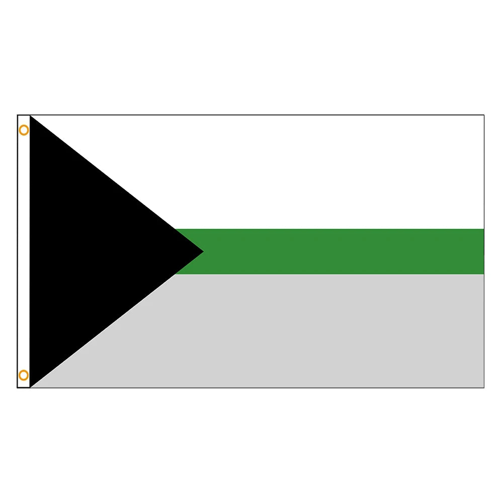 A flag design featuring a black triangle on the hoist side, a white horizontal stripe, and a green horizontal stripe above a 