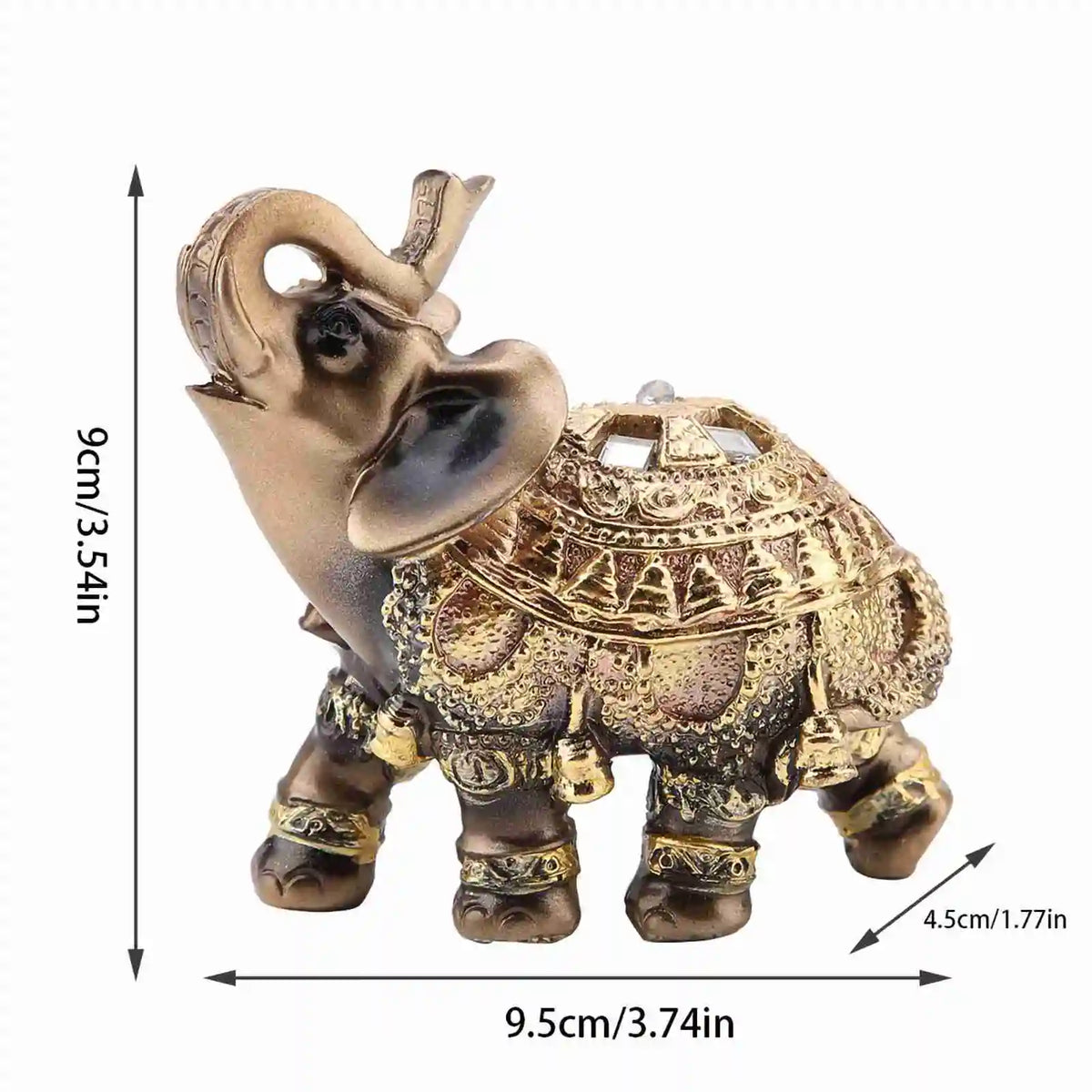 Golden Feng Shui elephant statue for wealth and good fortune, showing a detailed bronze-colored elephant head and body.