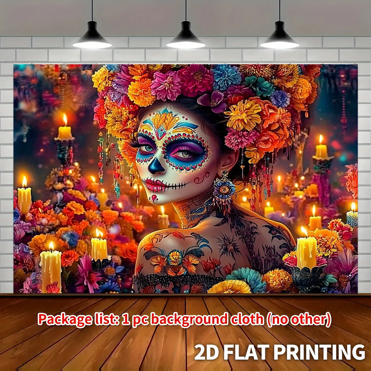 2D flat printing of an oversize Day of the Dead sugar skull backdrop featuring a woman with vibrant floral calavera makeup an