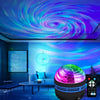 A galaxy projection night light illuminates a room with swirling purple and blue light patterns on the ceiling and walls.