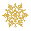A golden snowflake ornament with intricate, shimmering details.