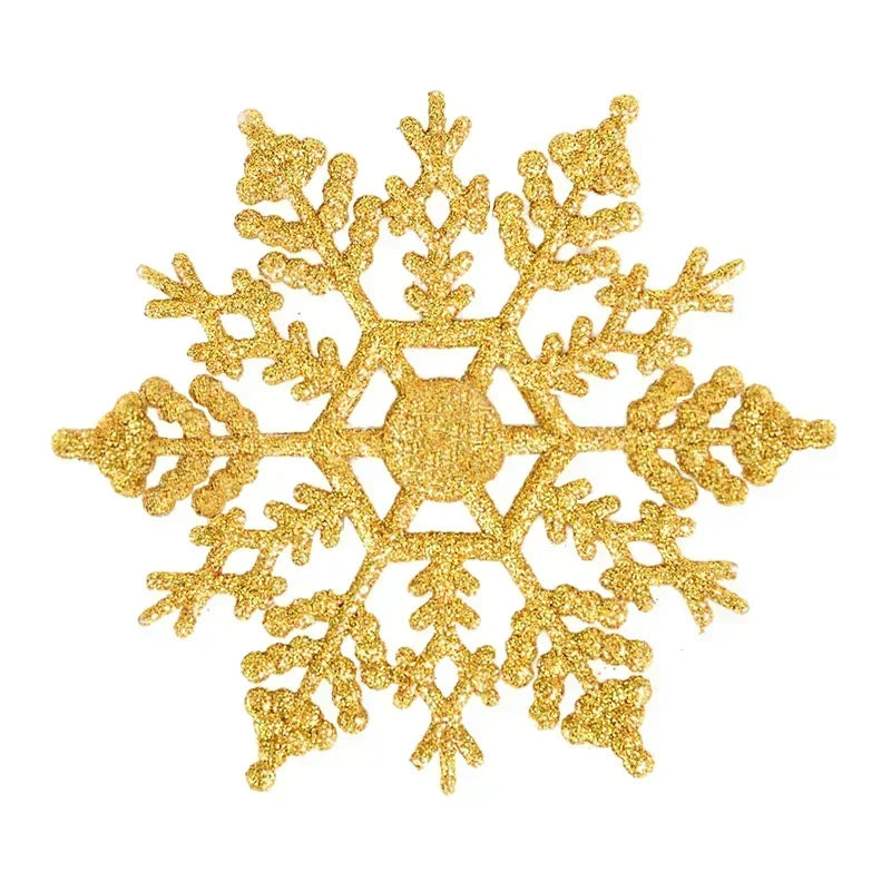 A golden snowflake ornament with intricate, shimmering details.
