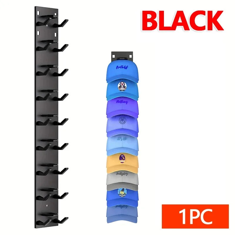 Black wall-mounted organizer rack for baseball hats with individual slots