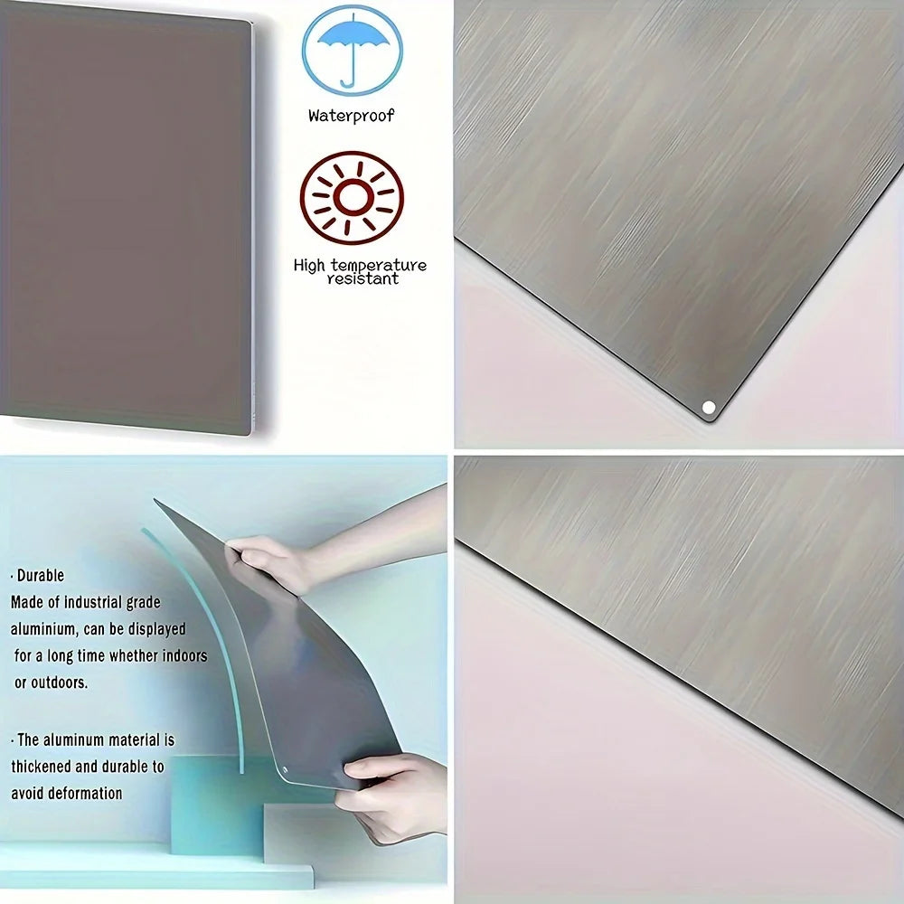 A silver metal sign is shown with features indicating it is waterproof and high temperature resistant.