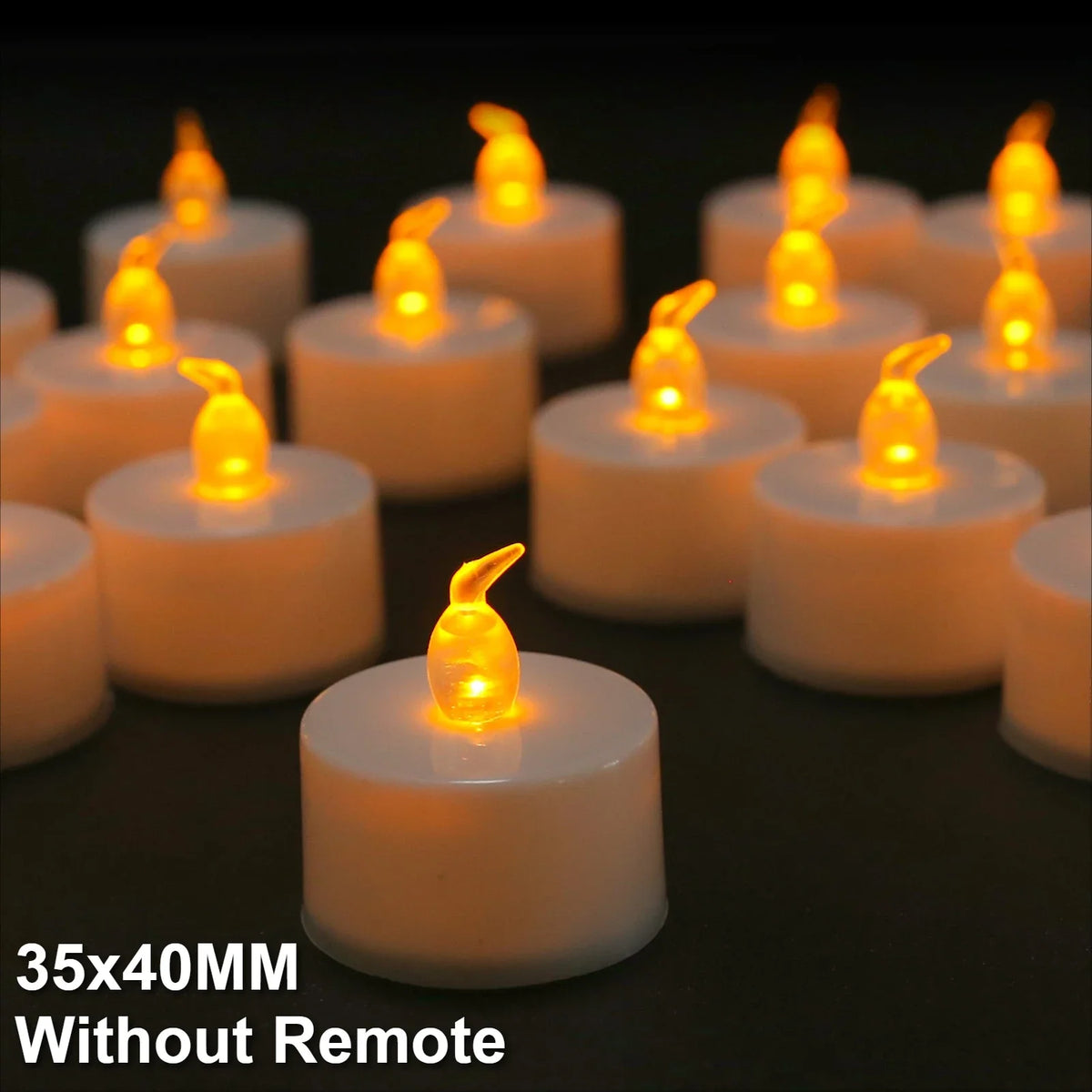 A row of glowing white LED tea light candles with yellow flames on a dark surface.