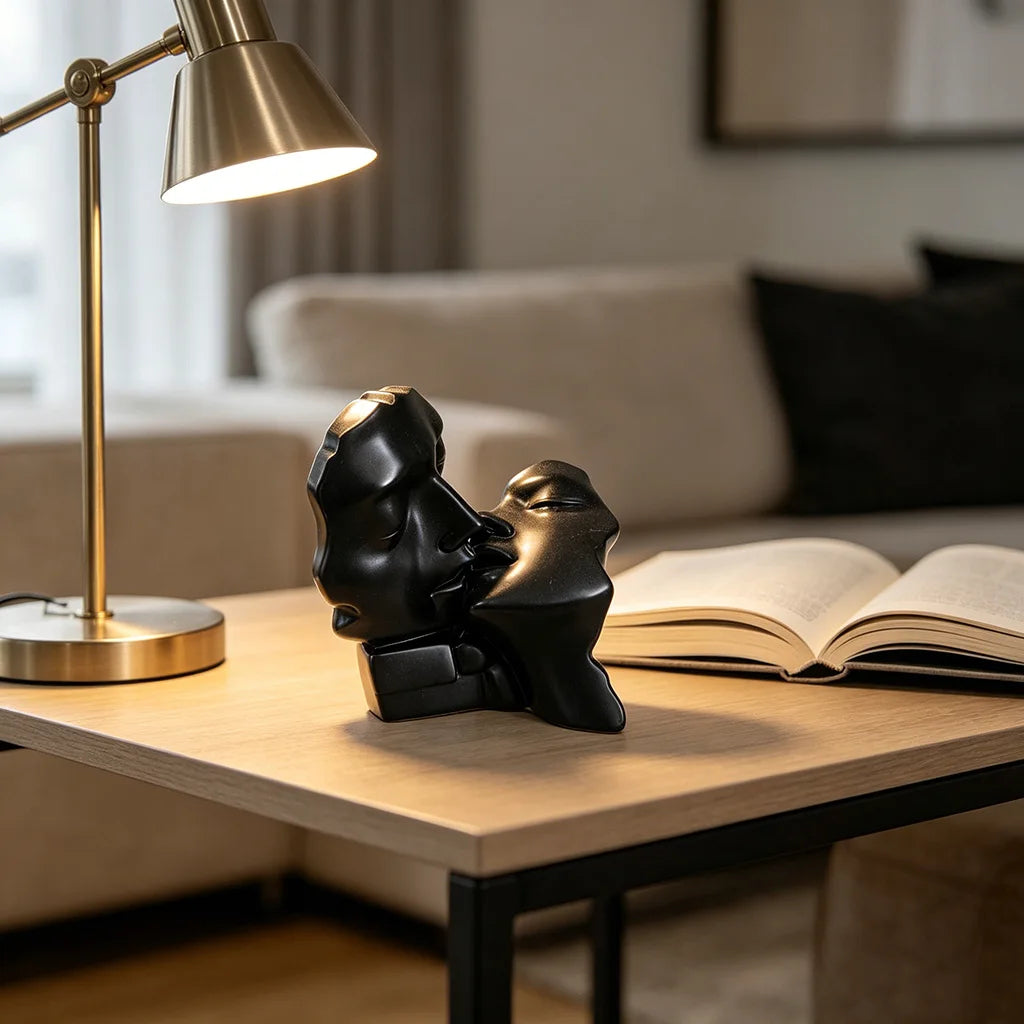 A black resin sculpture of an abstract kissing couple rests on a wooden table next to a brass desk lamp.