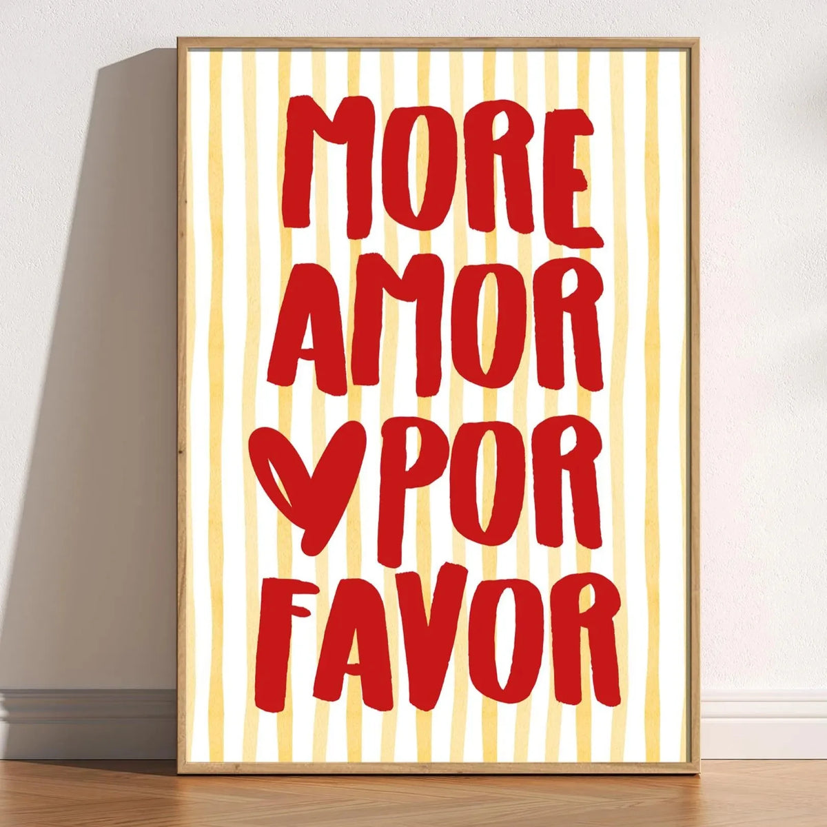 Red text on a yellow striped background reads More Amor Por Favor