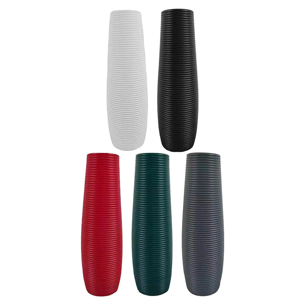 A set of five modern tall floor vases in black and red colors.