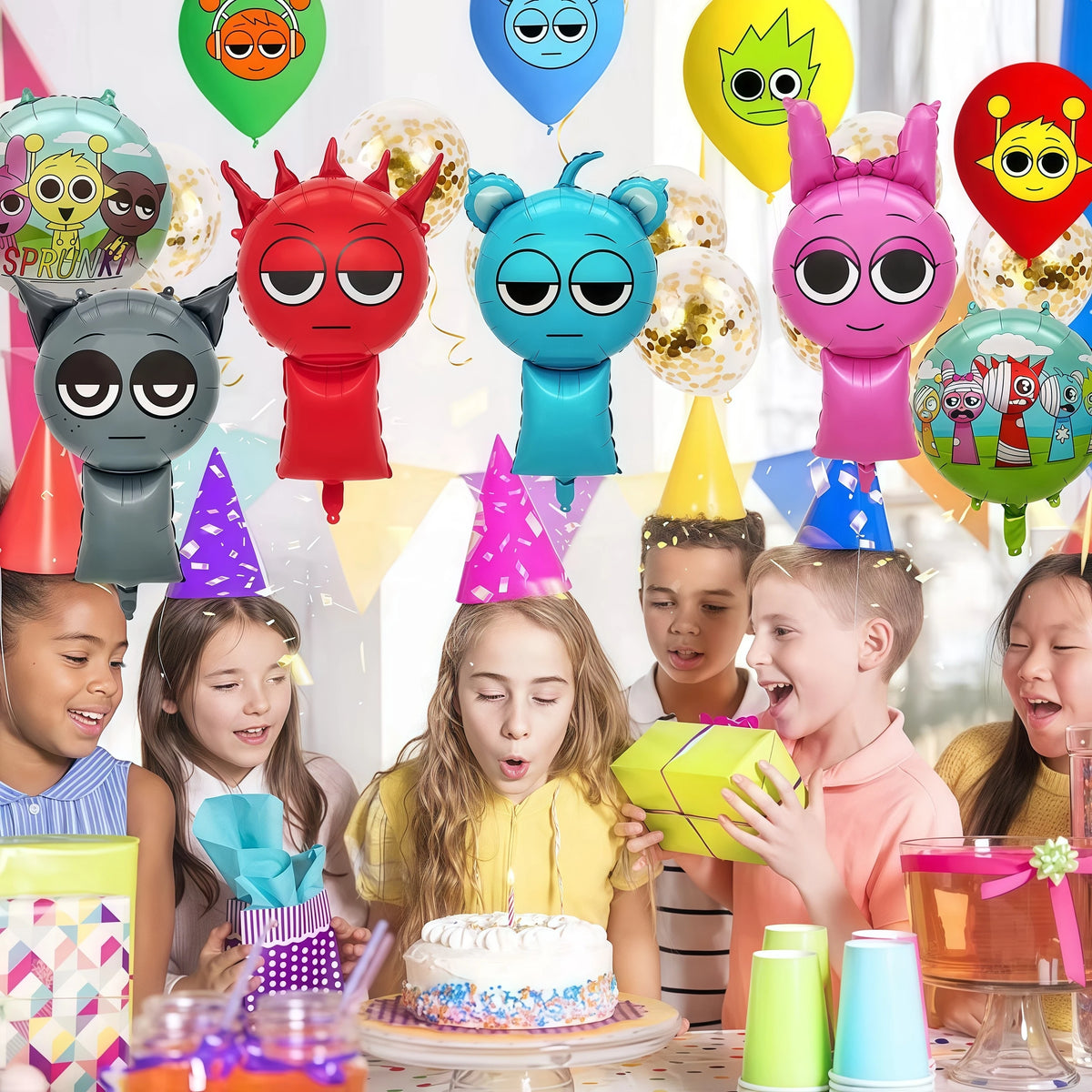 A colorful party setup featuring balloons, a cake, and several children celebrating a Sprunkies-themed event.
