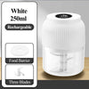 White rechargeable blender jar with a food barrier and three blades for chopping ingredients