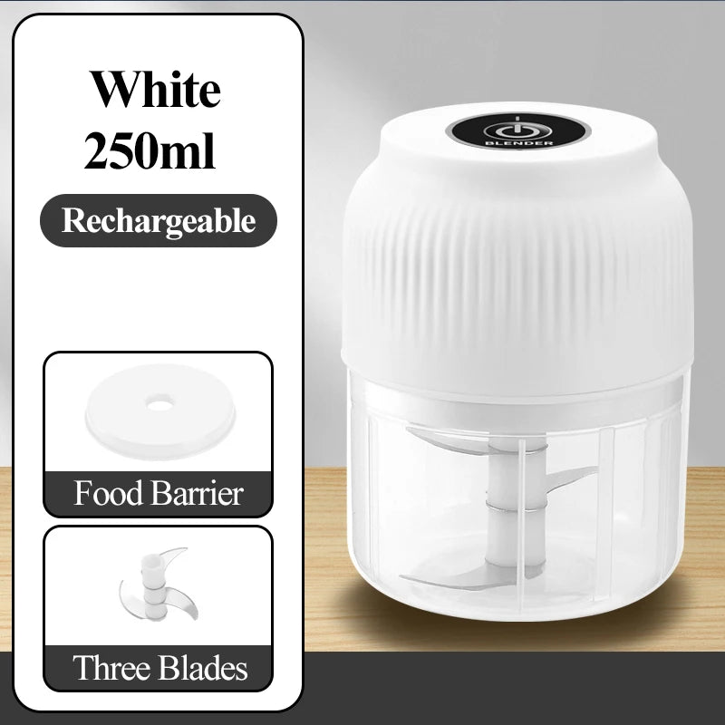 White rechargeable blender jar with a food barrier and three blades for chopping ingredients