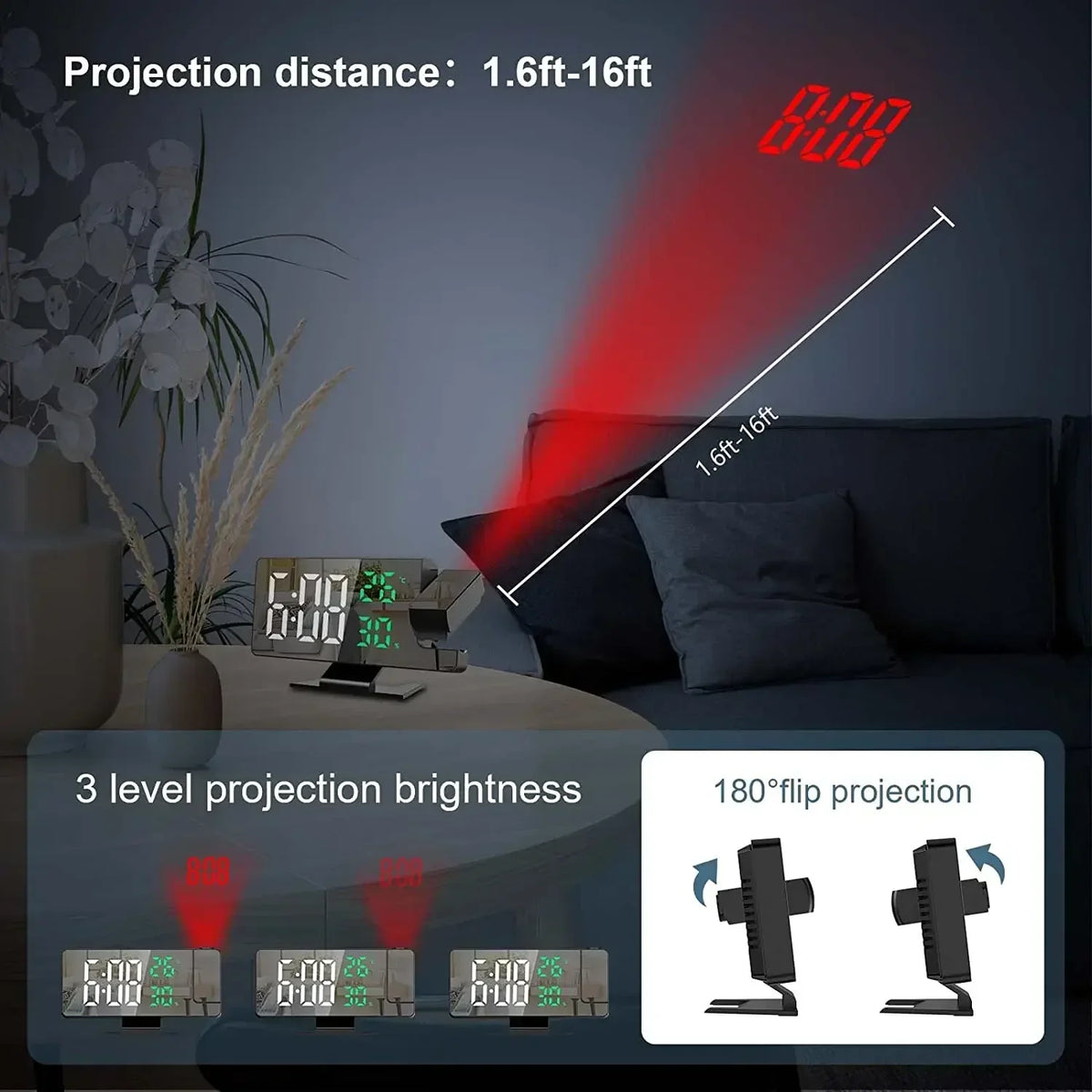 An LED digital projection alarm clock displaying 8:00 and showing three levels of brightness and 180-degree flip projection.