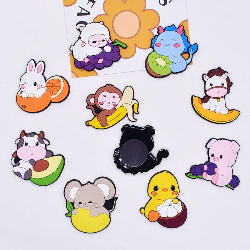 A collection of twelve soft pastel animal fridge magnets featuring characters like a white rabbit, purple hedgehog, and pink 