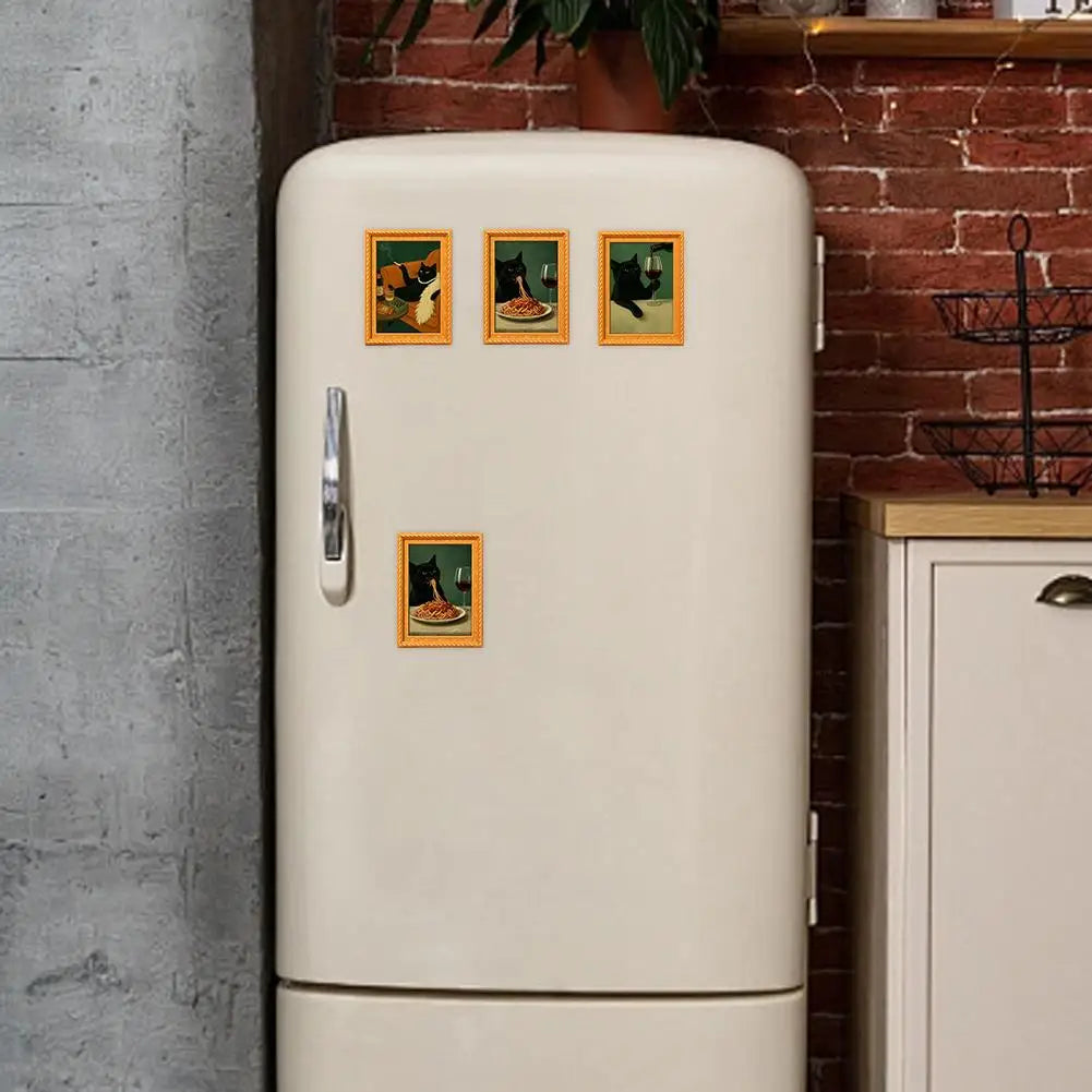 A vintage style refrigerator featuring several framed wooden magnets depicting playful black cat art.
