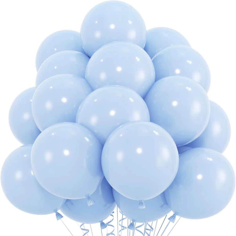 A cluster of light blue latex balloons tied together for parties and celebrations