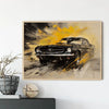 Vintage oil painting style canvas art of a black classic car with bright yellow paint splatters against a muted background.