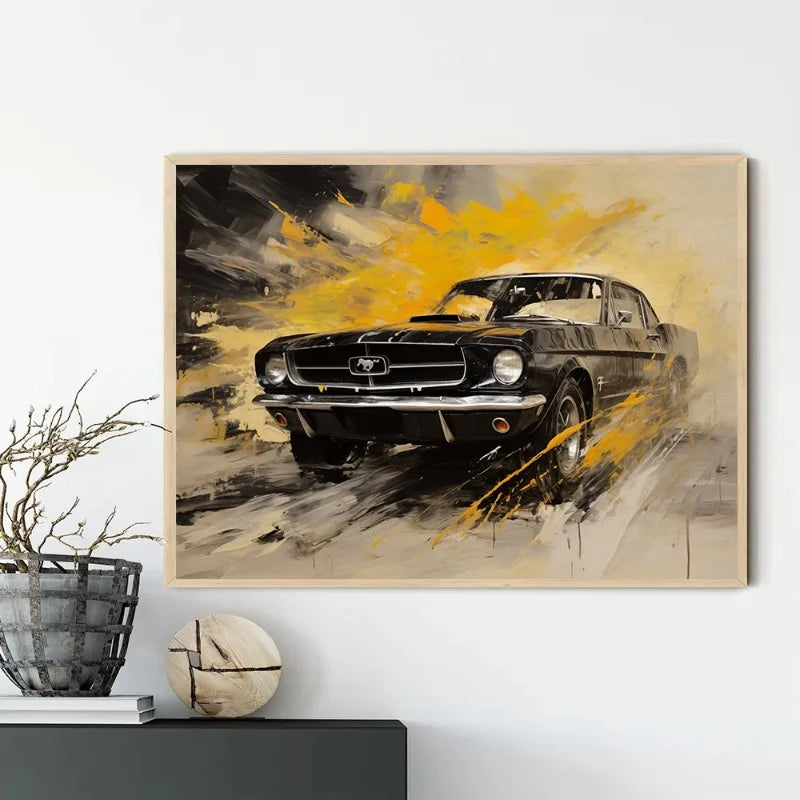 Vintage oil painting style canvas art of a black classic car with bright yellow paint splatters against a muted background.