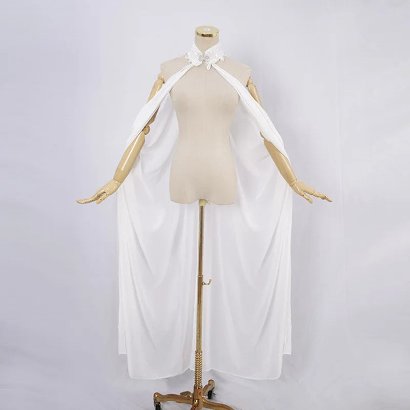White sheer chiffon cape with tie closure displayed on a mannequin.