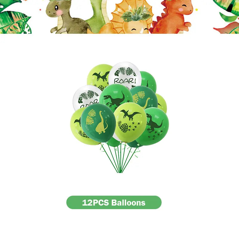 A set of 12 balloons featuring dinosaur faces and a roaring theme for a birthday party.