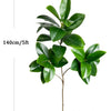 A green artificial ficus tree with fiddle-leaf shaped leaves shown without a pot.