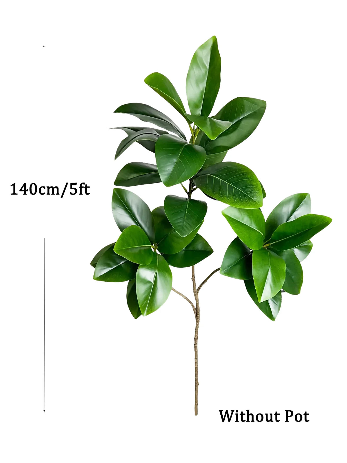 A green artificial ficus tree with fiddle-leaf shaped leaves shown without a pot.